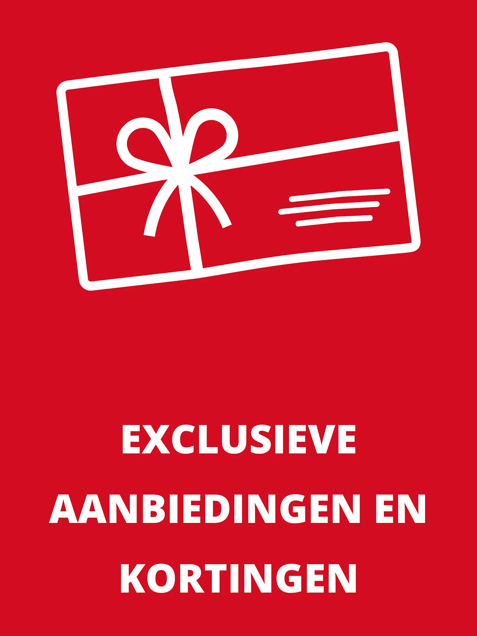Wit cadeaubon-symbool met strik en tekst 'Exclusieve aanbiedingen en kortingen' op rode achtergrond. Wit cadeaubon-symbool met strik en tekst 'Exclusieve aanbiedingen en kortingen' op rode achtergrond.
