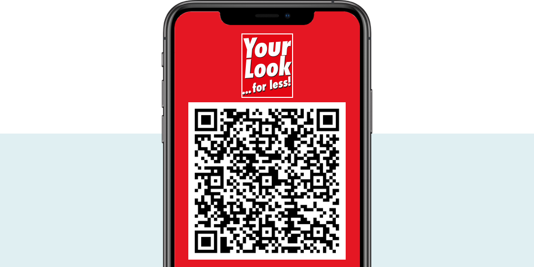 Smartphone med röd skärm som visar texten 'Sieh an!' och en stor QR-kod.