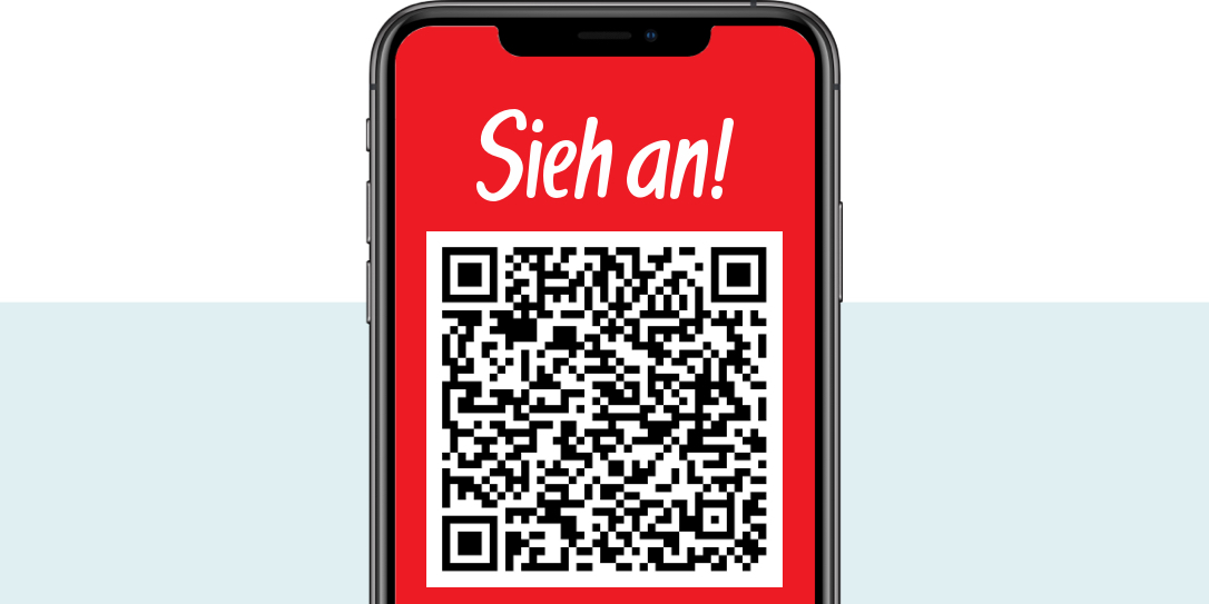 Smartphone-Bildschirm mit rotem Hintergrund, weißer Schrift 'Sieh an!' und einem schwarzen QR-Code darunter.