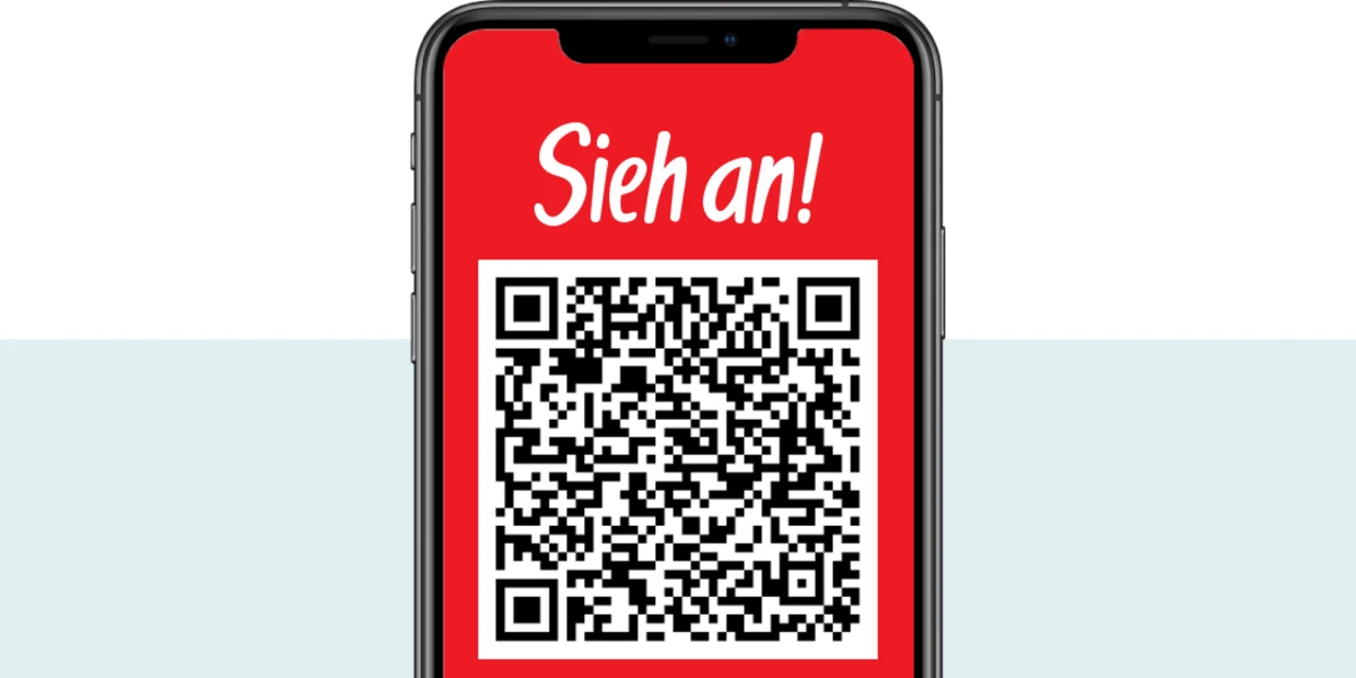 Smartphone-Bildschirm mit rotem Hintergrund, weiĂźer Schrift 'Sieh an!' und einem schwarzen QR-Code darunter.