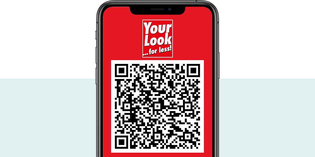 Smartphone met een rood scherm, tekst 'Sieh an!' en een grote QR-code.