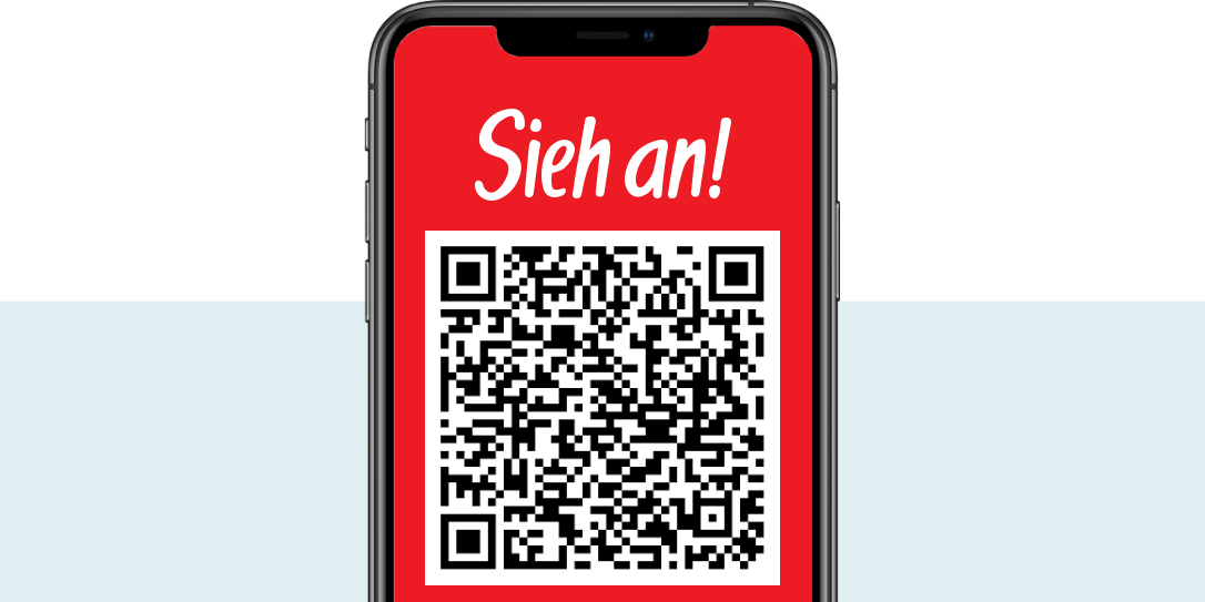 Smartphone-Bildschirm mit rotem Hintergrund, weißer Schrift 'Sieh an!' und einem schwarzen QR-Code darunter.