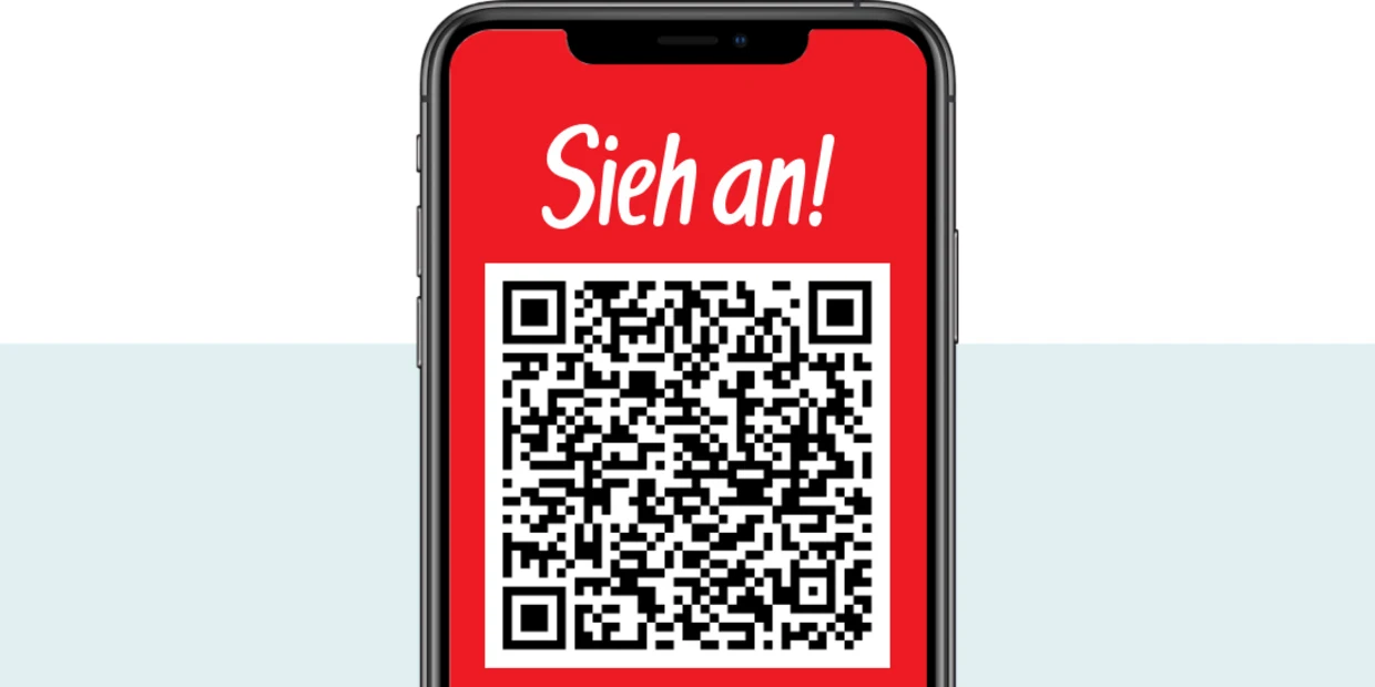 Smartphone-Bildschirm mit rotem Hintergrund, weißer Schrift 'Sieh an!' und einem schwarzen QR-Code darunter.