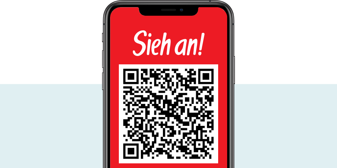 Smartphone-Bildschirm mit rotem Hintergrund, weißer Schrift 'Sieh an!' und einem schwarzen QR-Code darunter.
