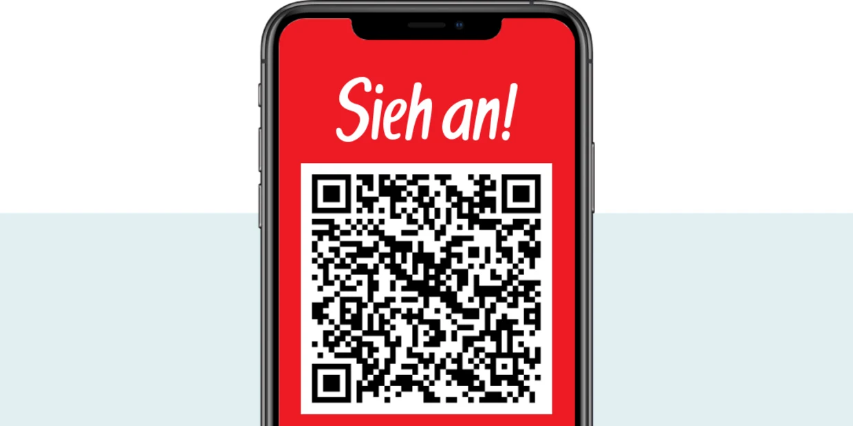Smartphone-Bildschirm mit rotem Hintergrund, weißer Schrift 'Sieh an!' und einem schwarzen QR-Code darunter.