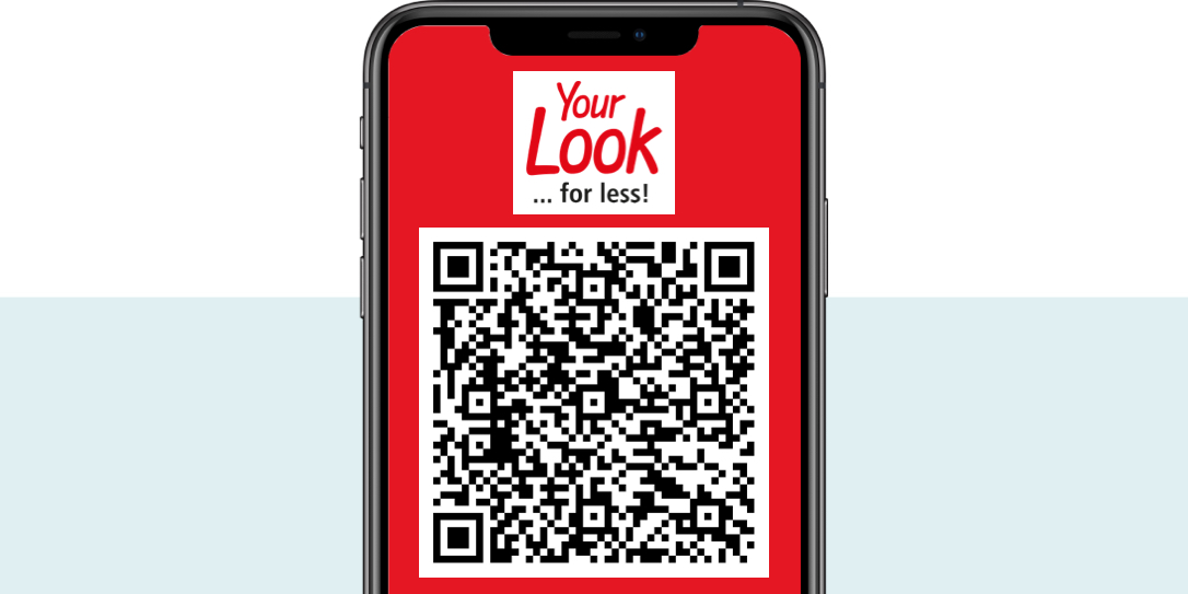 Smartphone met een rood scherm, tekst 'Sieh an!' en een grote QR-code.