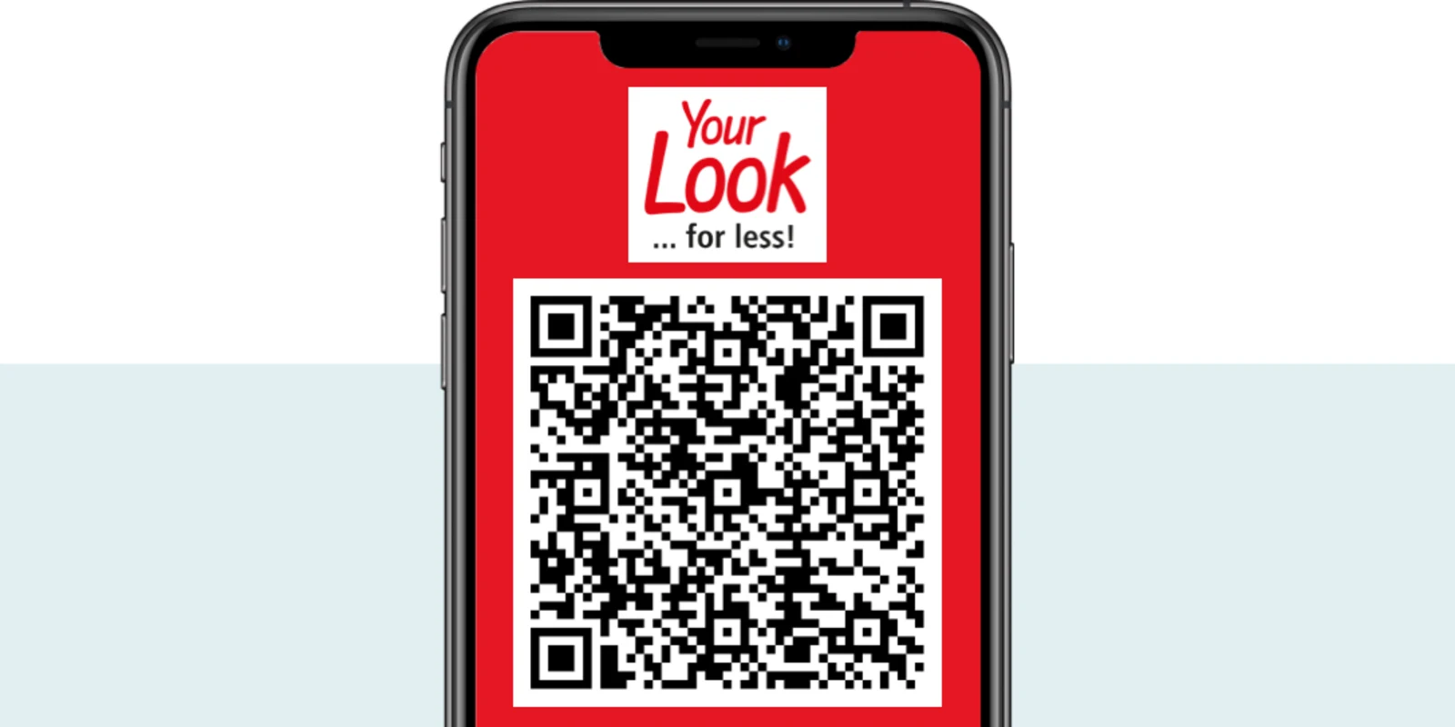 Smartphone med röd skärm som visar texten 'Sieh an!' och en stor QR-kod.