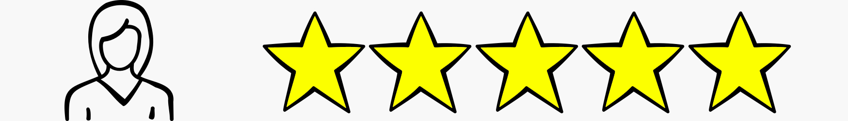 Illustration einer Frau links, daneben fünf Sterne als Bewertung.