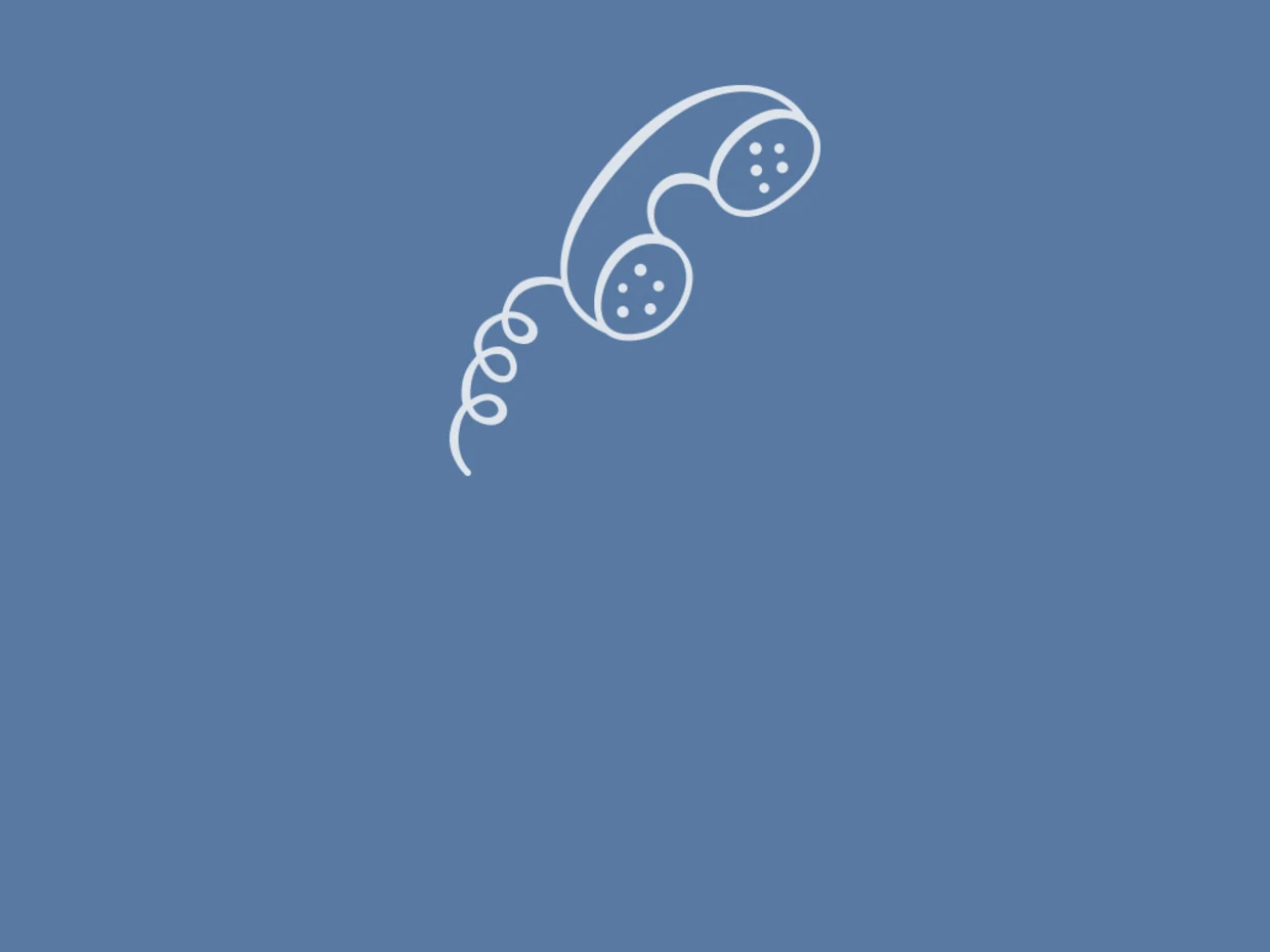 Weisse Zeichnung eines klassischen Telefonhörers mit Kabel auf blauem Hintergrund.