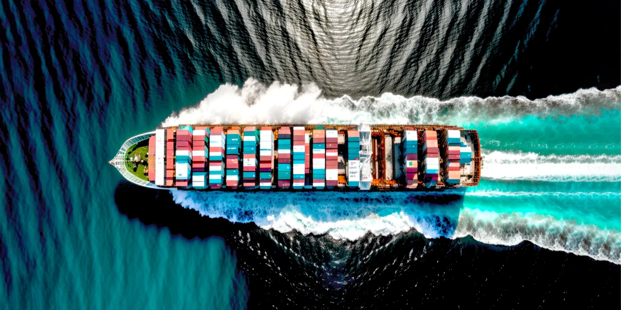 Luftaufnahme eines Containerschiffs mit bunten Frachtcontainern, das durch türkisfarbenes Wasser fährt und weiße Gischt hinterlässt. Luftaufnahme eines Containerschiffs mit bunten Frachtcontainern, das durch türkisfarbenes Wasser fährt und weiße Gischt hinterlässt.