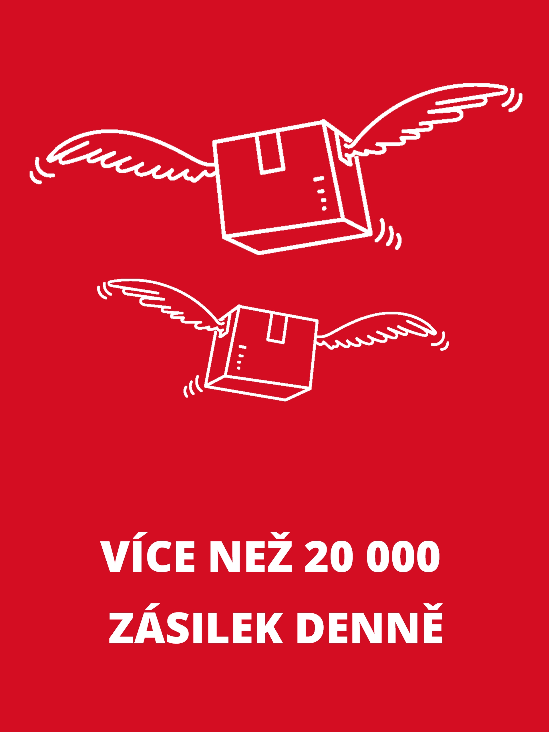 Obdélníkový informační box s bílým symbolem balíku s křídly a textem: „Více než 20 000 zásilek denně