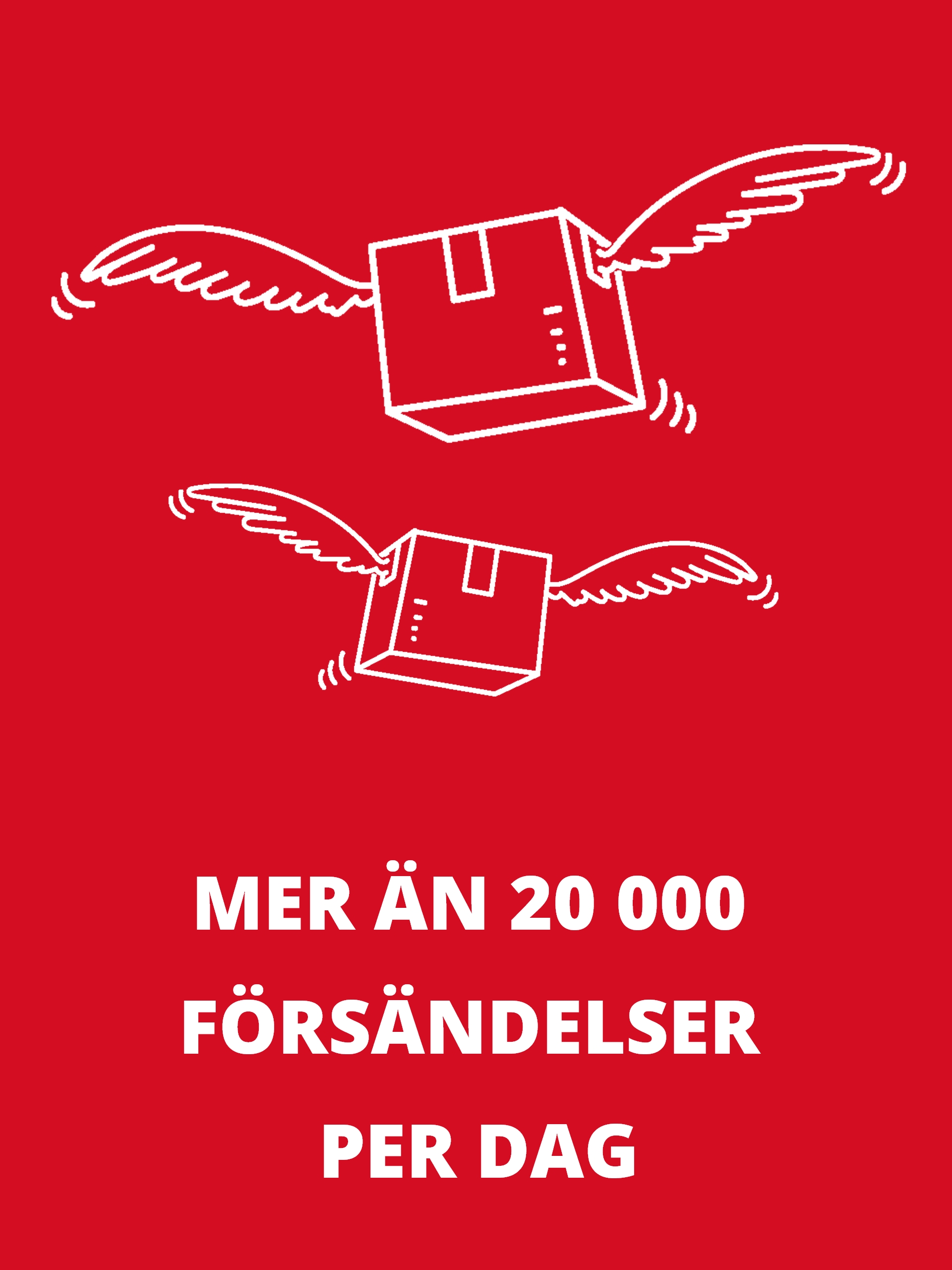Rektangulär informationsruta med en vit symbol av ett paket med vingar och texten: ”Mer än 20 000 försändelser per dag