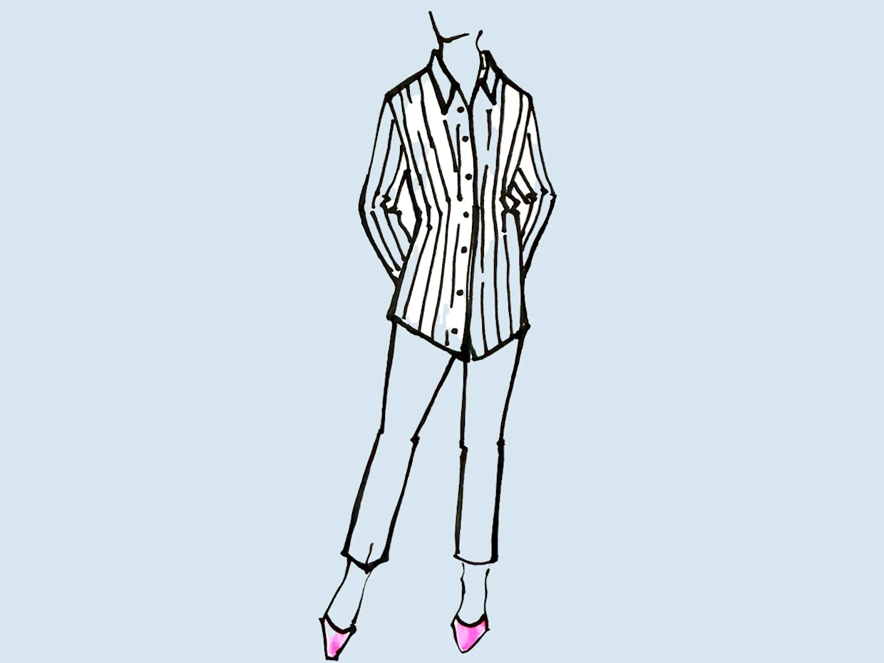 Illustratie van een outfit met een gestreept overhemd, een broek en roze schoenen, met tekst die wijst op het optisch verlengende effect van verticale strepen en kleuraccenten die afleiden van de buikzone. Illustratie van een outfit met een gestreept overhemd, een broek en roze schoenen, met tekst die wijst op het optisch verlengende effect van verticale strepen en kleuraccenten die afleiden van de buikzone.