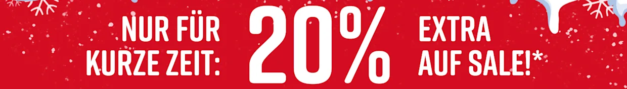 Rotes Schild mit weißem Text 'Nur für kurze Zeit: 20% extra auf Sale!' vor blauem, schneebedecktem Hintergrund. Schneeflocken sind sichtbar.