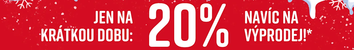 Červená cedule s bílým textem 'Pouze na krátkou dobu: 20% extra na výprodej!' na modrém pozadí se sněhem. Viditelné sněhové vločky.