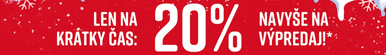 Červená tabuľa s bielym textom 'Iba na krátky čas: 20% extra na výpredaj!' na modrom pozadí so snehom. Viditeľné snehové vločky.