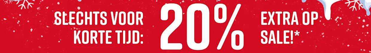 Rood bord met witte tekst 'Alleen voor korte tijd: 20% extra op uitverkoop!' voor een blauwe, met sneeuw bedekte achtergrond. Sneeuwvlokken zichtbaar.