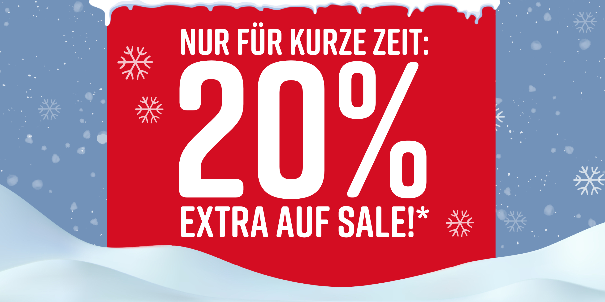 Rotes Schild mit weißem Text 'Nur für kurze Zeit: 20% extra auf Sale!' vor blauem, schneebedecktem Hintergrund. Schneeflocken sind sichtbar.