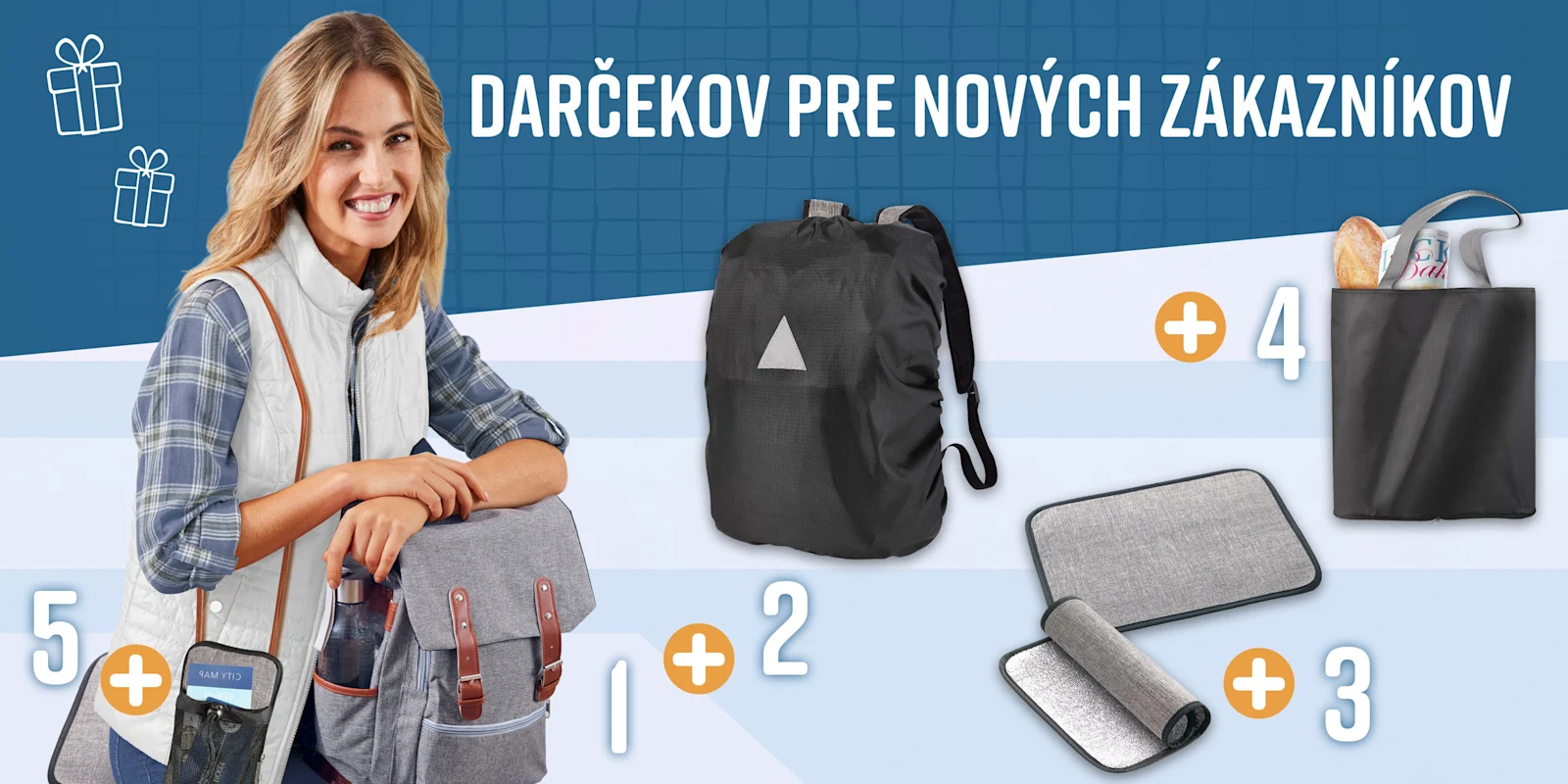 Model s batohom a sivým puzdrom na telefón, vedľa neho ďalšie darčekové predmety: čierny nepremokavý obal na batoh, čierna skladacia taška a dve sivé karimatky. Model s batohom a sivým puzdrom na telefón, vedľa neho ďalšie darčekové predmety: čierny nepremokavý obal na batoh, čierna skladacia taška a dve sivé karimatky.