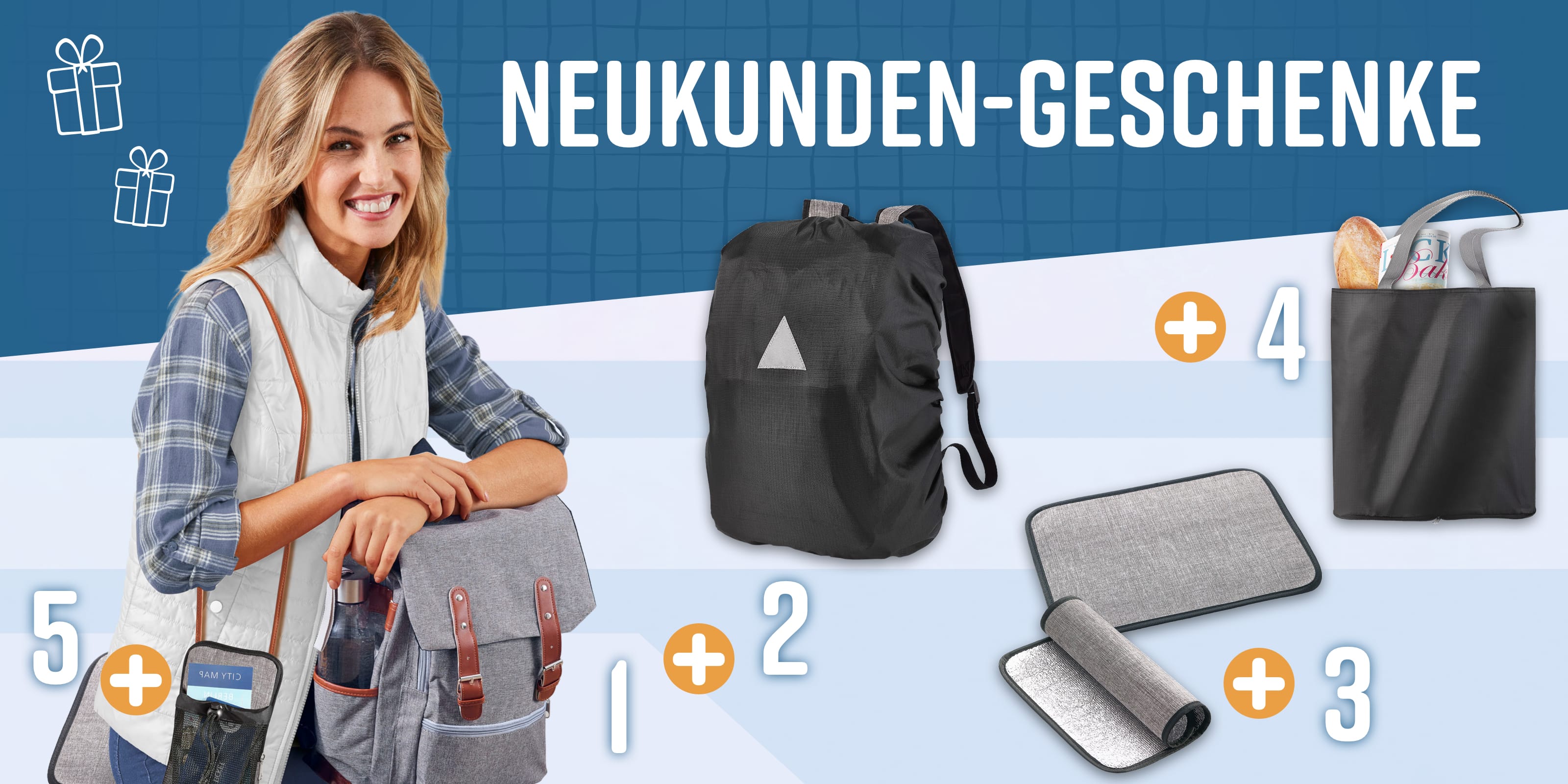 Ein Model mit Rucksack und grauer Handytasche, daneben weitere Geschenkartikel: ein schwarzer Regenschutz für den Rucksack, eine schwarze faltbare Tasche und zwei graue Isomatten.