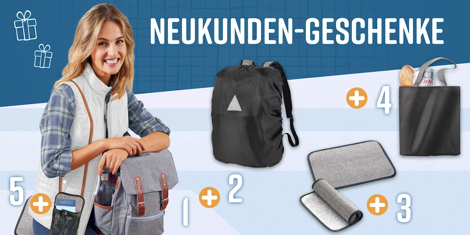 Ein Model mit Rucksack und grauer Handytasche, daneben weitere Geschenkartikel: ein schwarzer Regenschutz für den Rucksack, eine schwarze faltbare Tasche und zwei graue Isomatten. Ein Model mit Rucksack und grauer Handytasche, daneben weitere Geschenkartikel: ein schwarzer Regenschutz für den Rucksack, eine schwarze faltbare Tasche und zwei graue Isomatten.