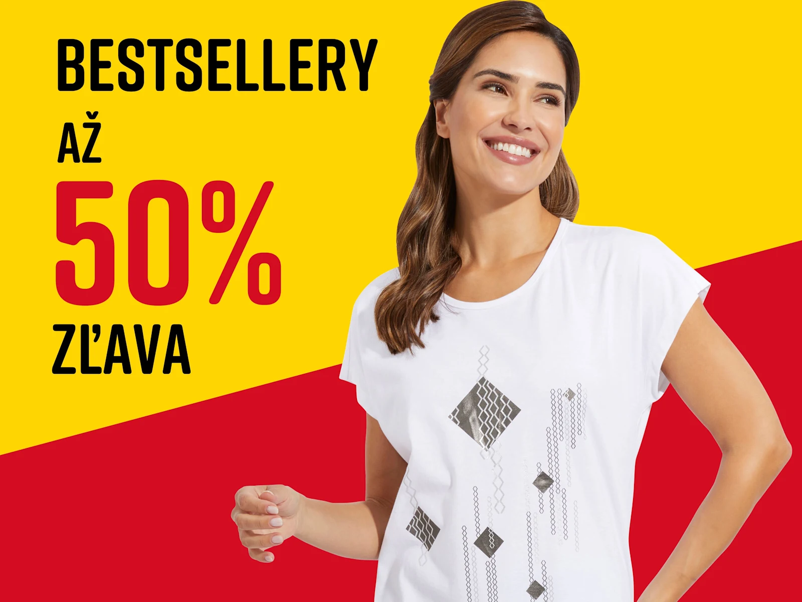 Text na obrázku: Bestsellery Až 50% zľava. Modelka má na sebe biele tričko s geometrickým vzorom na žlto-červenom pozadí.
