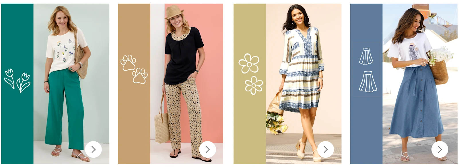 Verschiedene Sommeroutfits werden gezeigt.