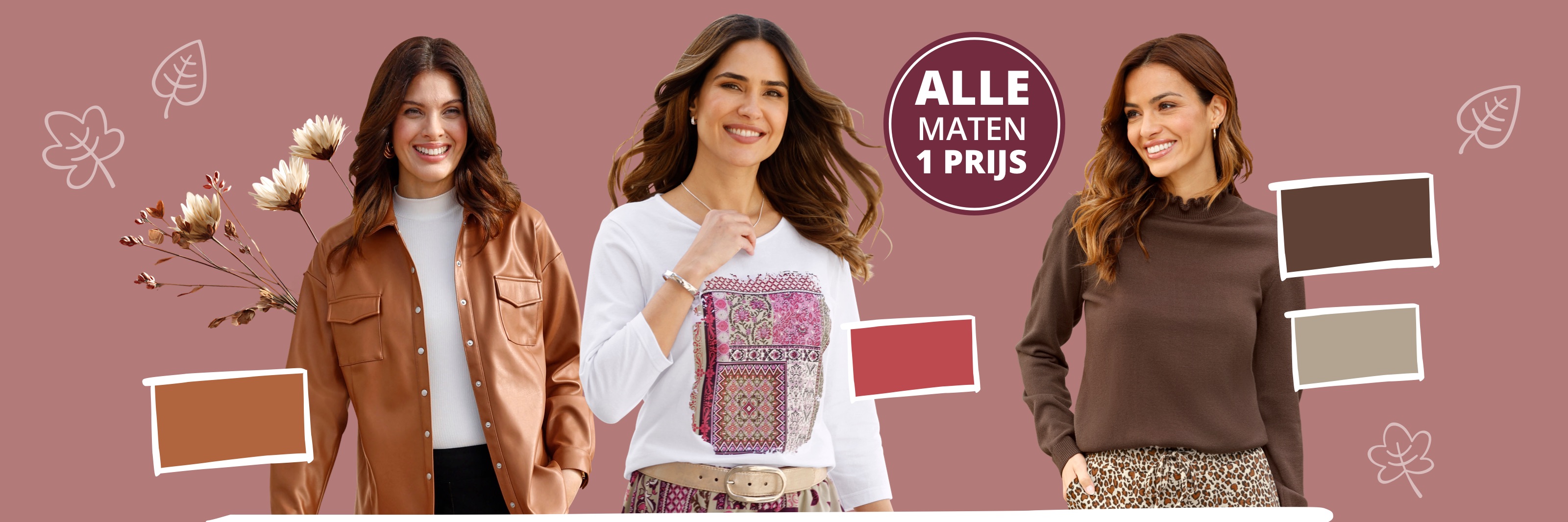 Drie modellen dragen herfstachtige outfits in bruin- en beigetinten tegen een bruine achtergrond met getekende bladeren en kleurvlakken. Alle Maten een prijs.