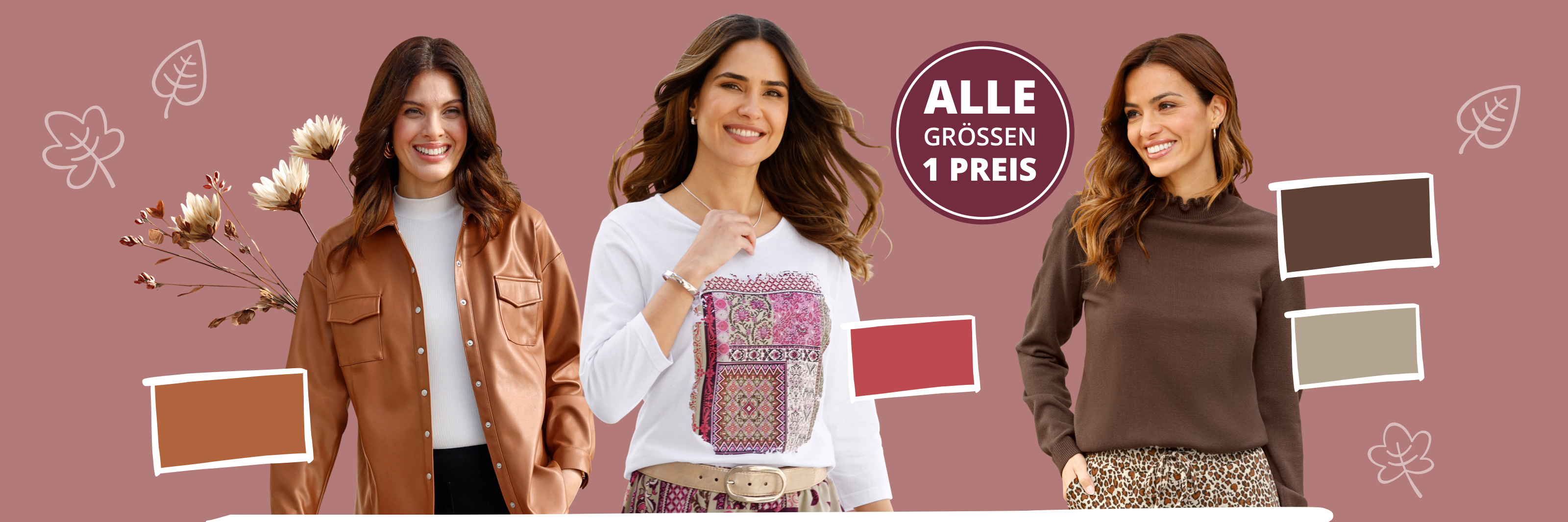 Tre modeller bär höstiga outfits i bruna och beiga toner mot en brun bakgrund med tecknade löv och färgblock.