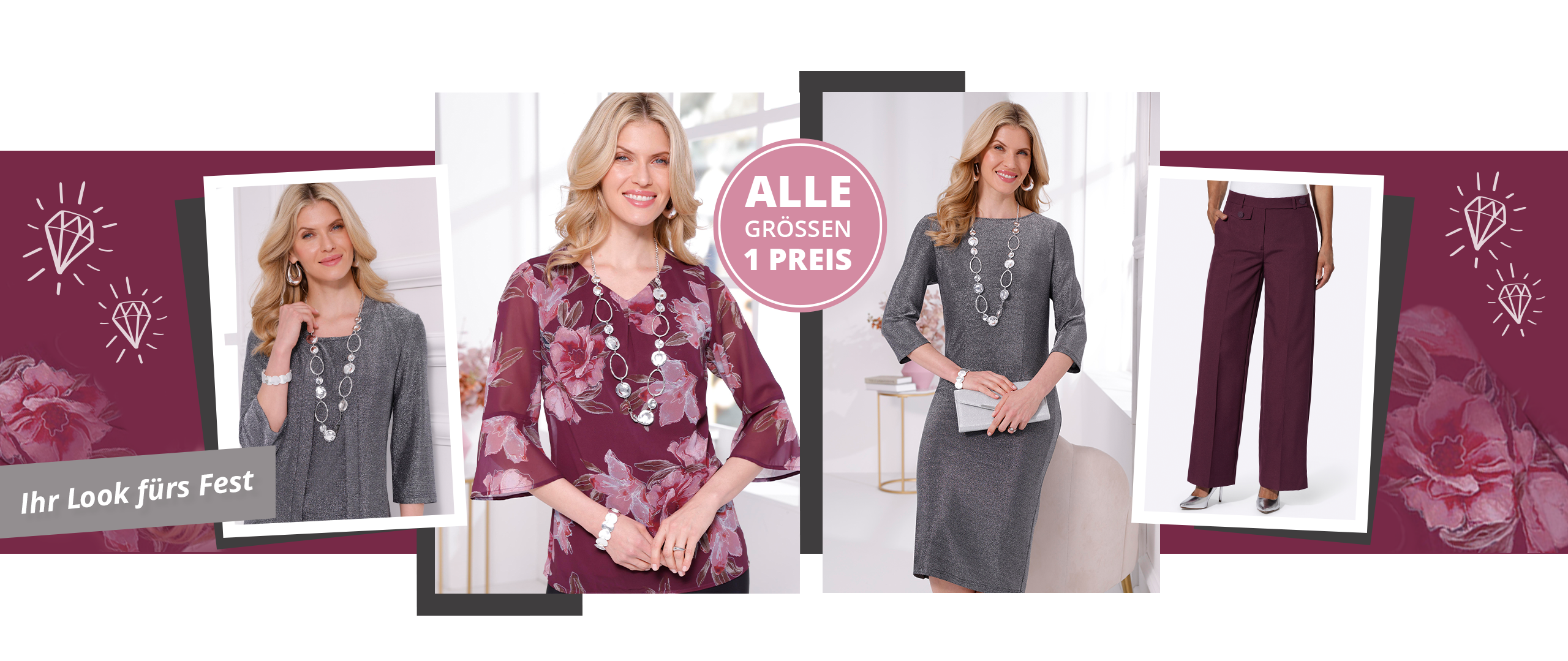 Collage mit festlicher Mode in silbergrauen und bordeauxfarbenen Farben teils mit Glitzeroptik. Models zeigen Kleider sowie Hosen und Blusen.