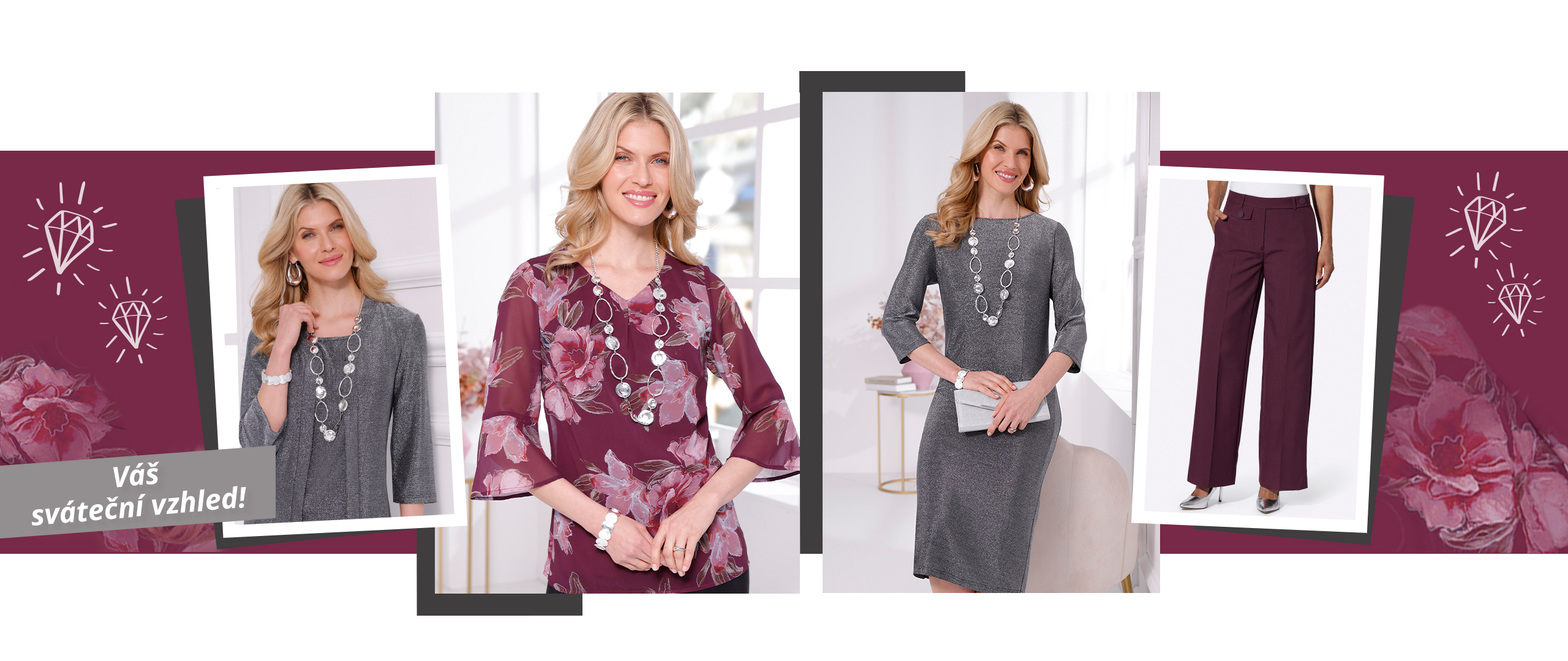 Koláž s slavnostní módou v odstínech stříbrné šedé a bordó, částečně s třpytivým efektem. Modelky předvádějí šaty, kalhoty a halenky.