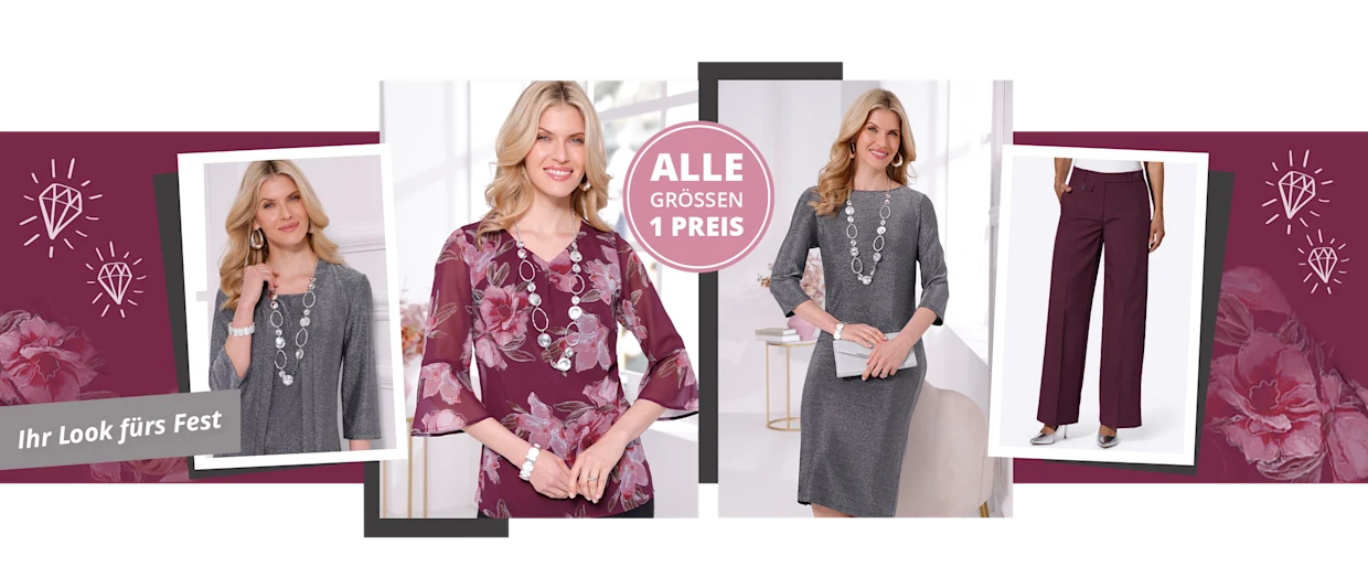 Collage mit festlicher Mode in silbergrauen und bordeauxfarbenen Farben teils mit Glitzeroptik. Models zeigen Kleider sowie Hosen und Blusen. Collage mit festlicher Mode in silbergrauen und bordeauxfarbenen Farben teils mit Glitzeroptik. Models zeigen Kleider sowie Hosen und Blusen.