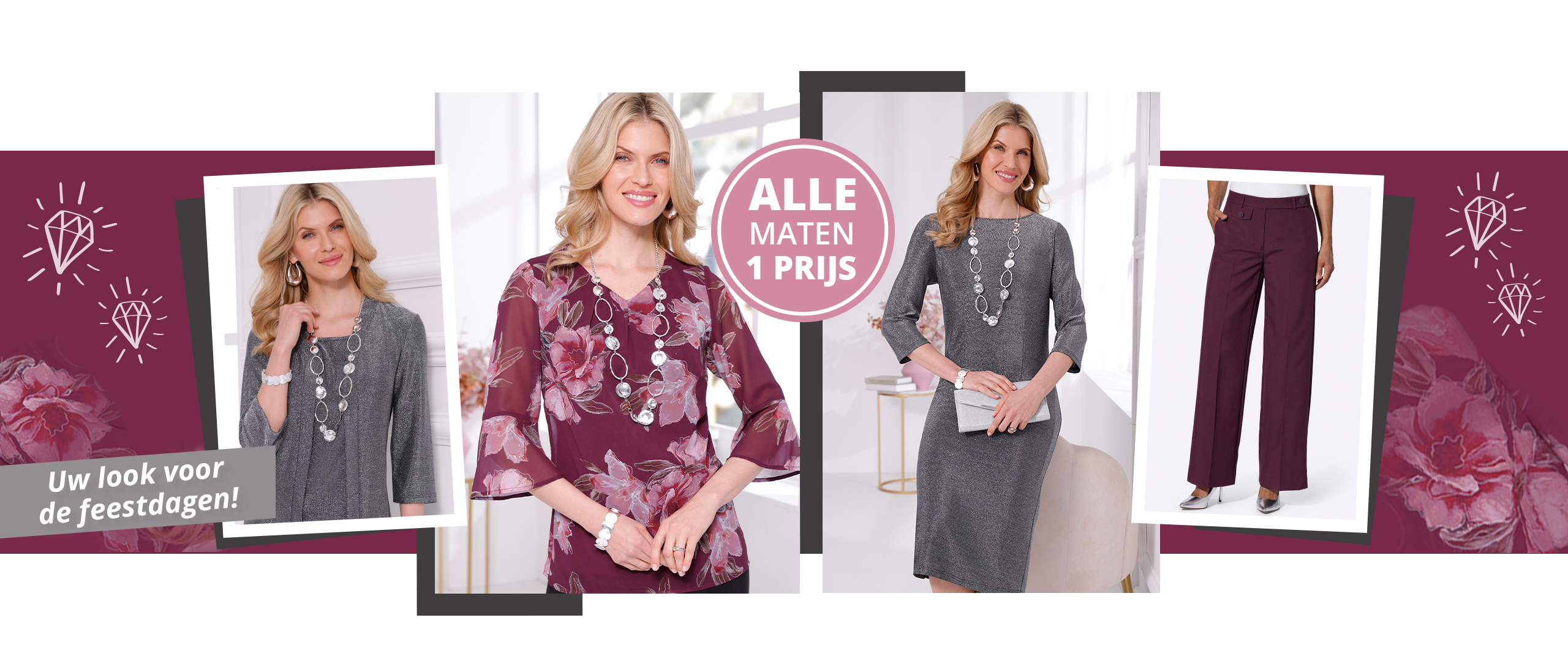 Collage met feestelijke mode in zilvergrijze en bordeauxrode kleuren, deels met glitterlook. Modellen showen jurken, broeken en blouses.