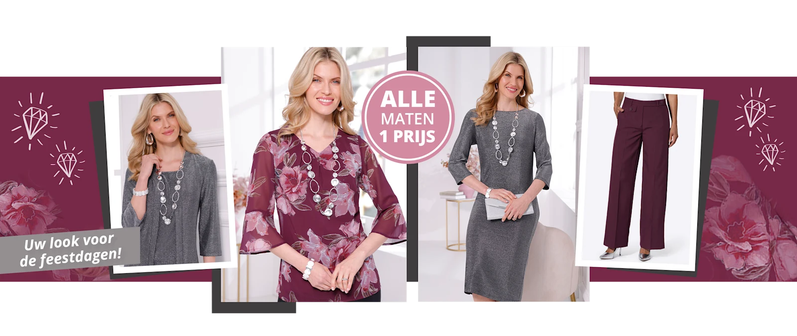 Collage met feestelijke mode in zilvergrijze en bordeauxrode kleuren, deels met glitterlook. Modellen showen jurken, broeken en blouses. Collage met feestelijke mode in zilvergrijze en bordeauxrode kleuren, deels met glitterlook. Modellen showen jurken, broeken en blouses.