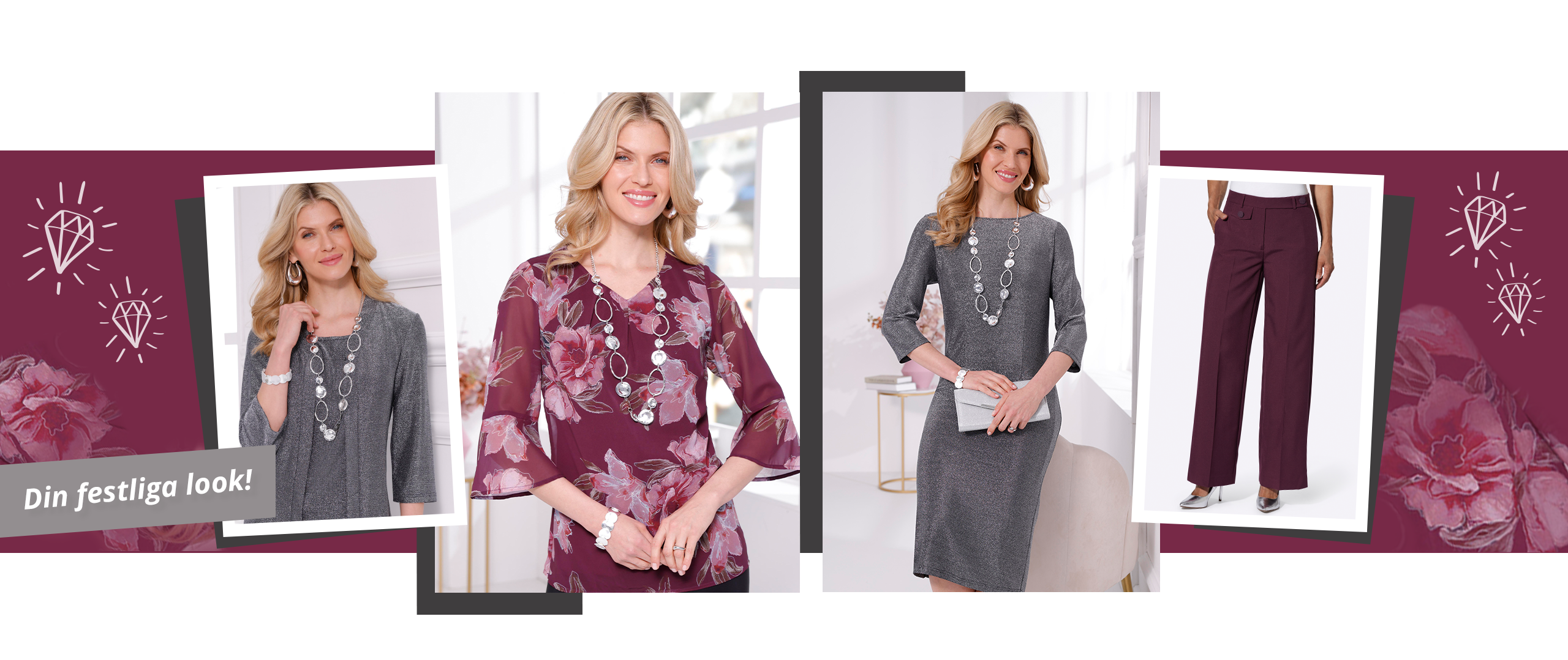 Collage med festlig mode i silvergrått och bordeauxfärgat, delvis med glitter. Modeller visar klänningar, byxor och blusar.