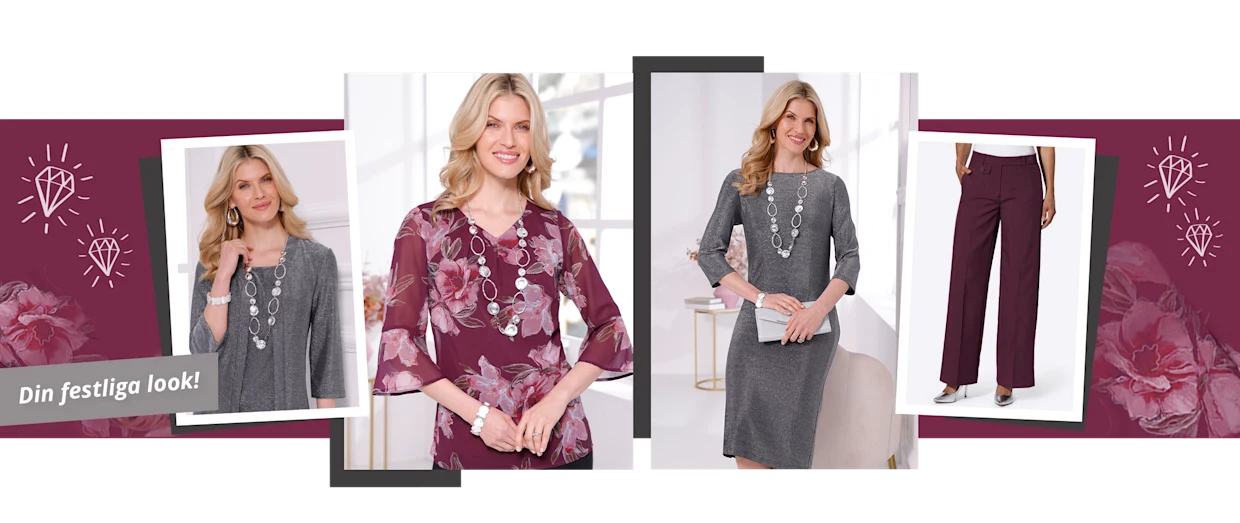 Collage med festlig mode i silvergrått och bordeauxfärgat, delvis med glitter. Modeller visar klänningar, byxor och blusar. Collage med festlig mode i silvergrått och bordeauxfärgat, delvis med glitter. Modeller visar klänningar, byxor och blusar.