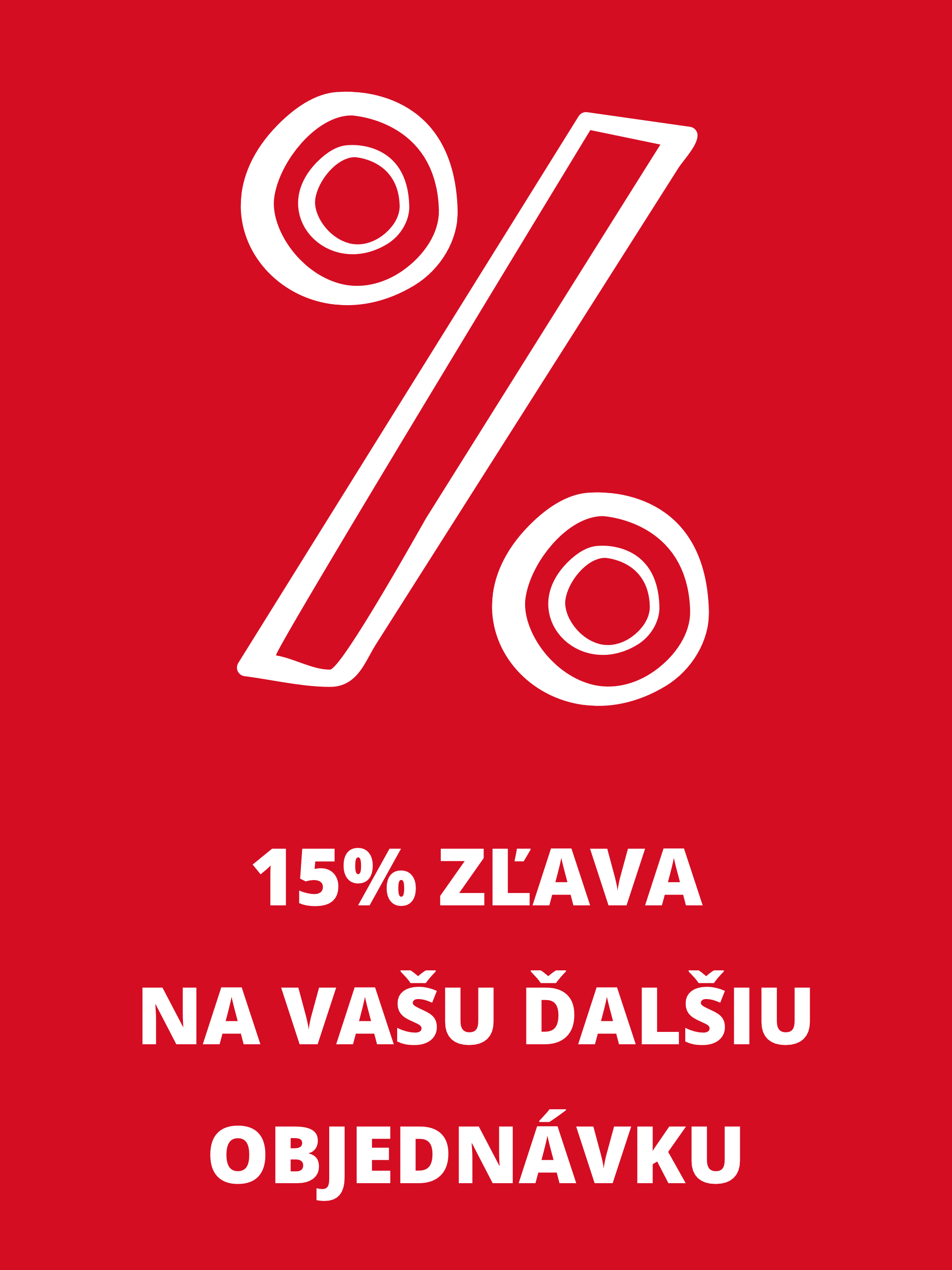 Biele percento a text '15% zľava na vašu ďalšiu objednávku' na červenom pozadí.