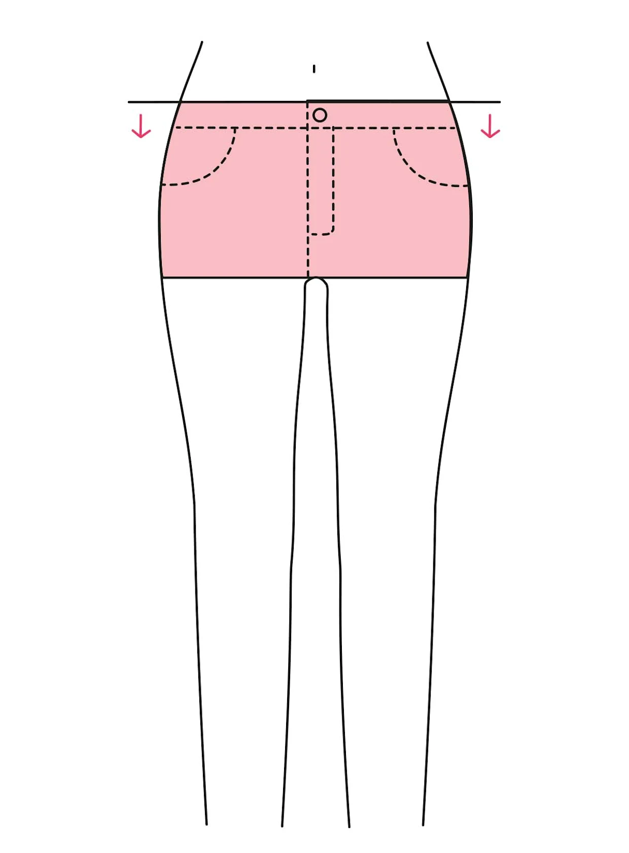 Zeichnung von einer Hose mit angedeuteter Leibhöhe unterhalb des Bauchnabels.