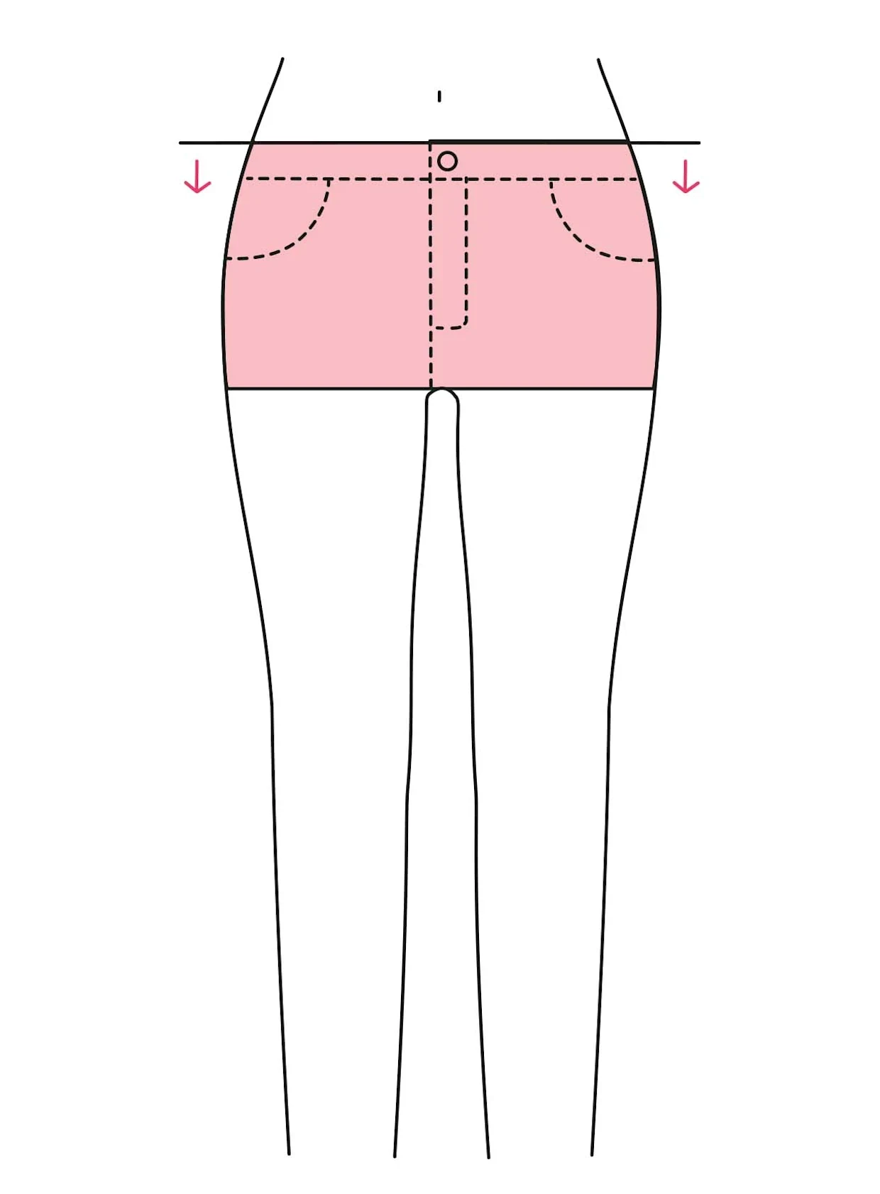 Zeichnung von einer Hose mit angedeuteter Leibhöhe unterhalb des Bauchnabels.