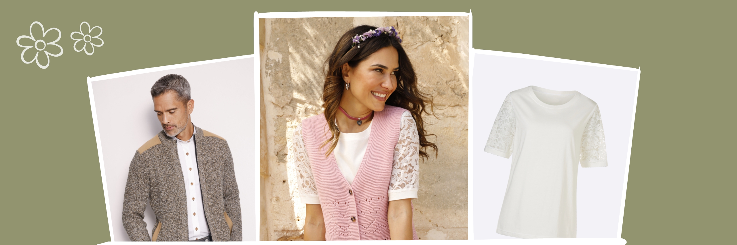 Drie foto's tonen een model met lang haar in een roze gebreid vest over een wit shirt met kanten mouwen, daarnaast een man met grijs haar in een grijze gebreide jas en een wit shirt met kanten mouwen.