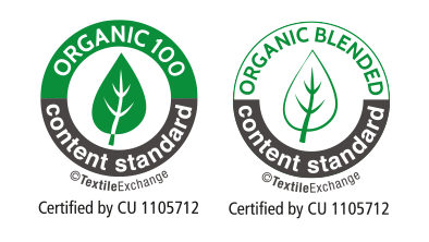 Zwei Logos des Organic Content Standards: Links Organic 100, rechts Organic Blended. Beide zertifiziert durch CU 1105712.