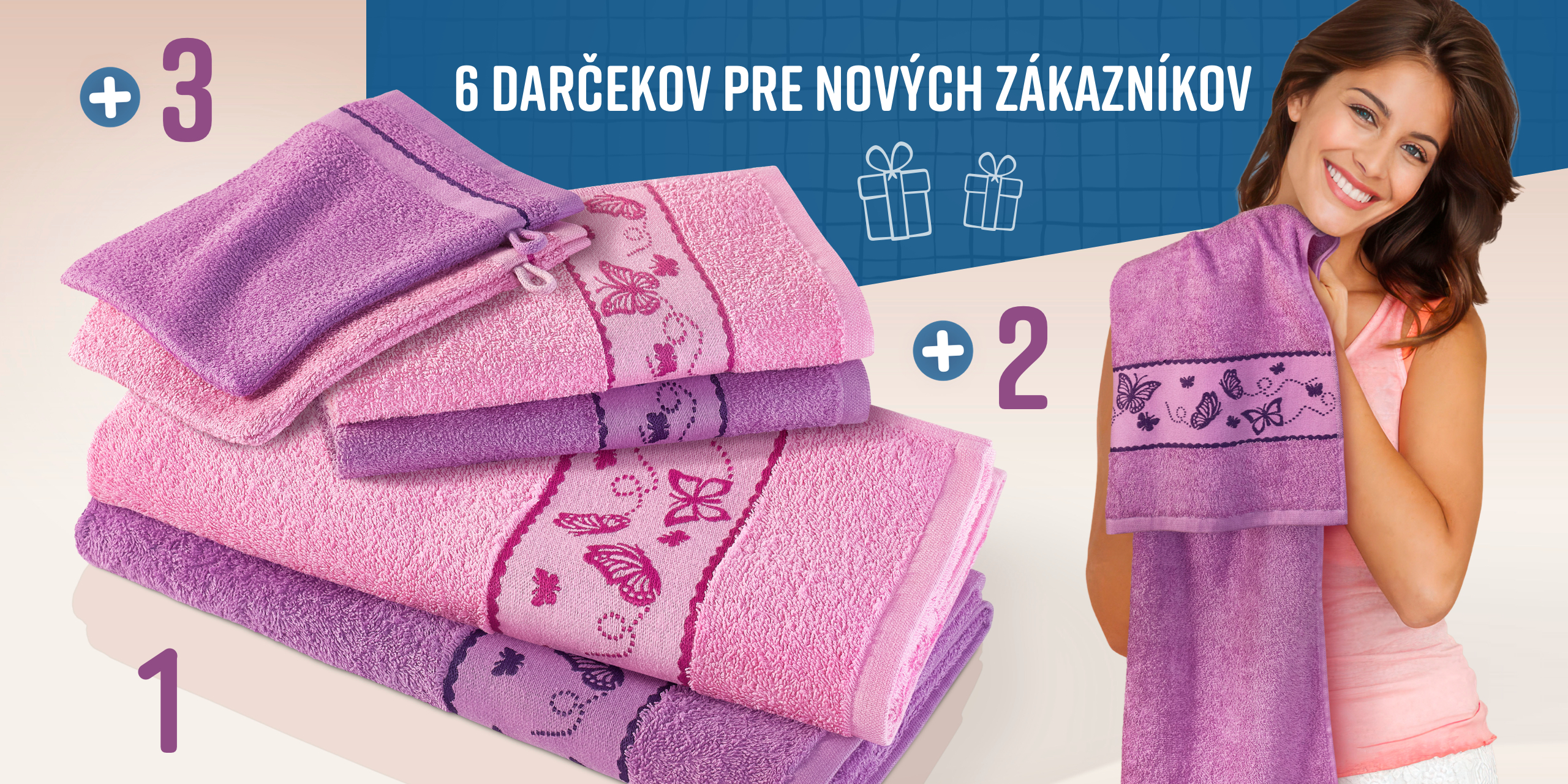 Šesť darčekov pre nových zákazníkov: dva veľké uteráky, dva malé uteráky, dva umývacie žinky v ružovej a fialovej farbe. Text na obrázku: '6 Neukunden-Geschenke'.