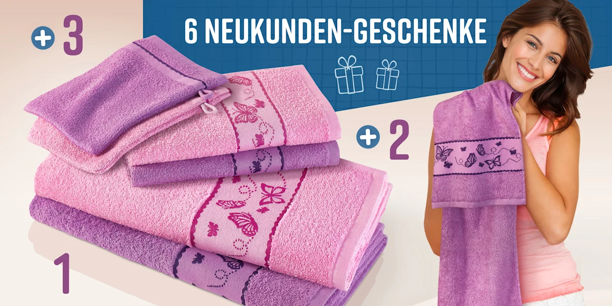 Sechs Neukunden-Geschenke: zwei große Handtücher, zwei kleine Handtücher, zwei Waschlappen in Rosa und Lila. Text im Bild: '6 Neukunden-Geschenke'. Sechs Neukunden-Geschenke: zwei große Handtücher, zwei kleine Handtücher, zwei Waschlappen in Rosa und Lila. Text im Bild: '6 Neukunden-Geschenke'.