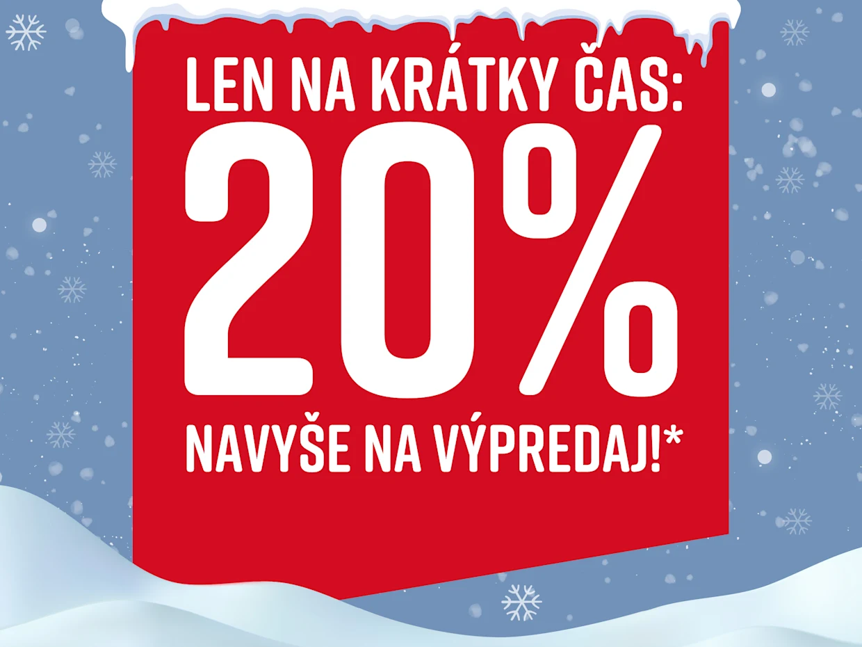 Červená tabuľa s bielym textom 'Iba na krátky čas: 20% extra na výpredaj!' na modrom pozadí so snehom. Viditeľné snehové vločky.