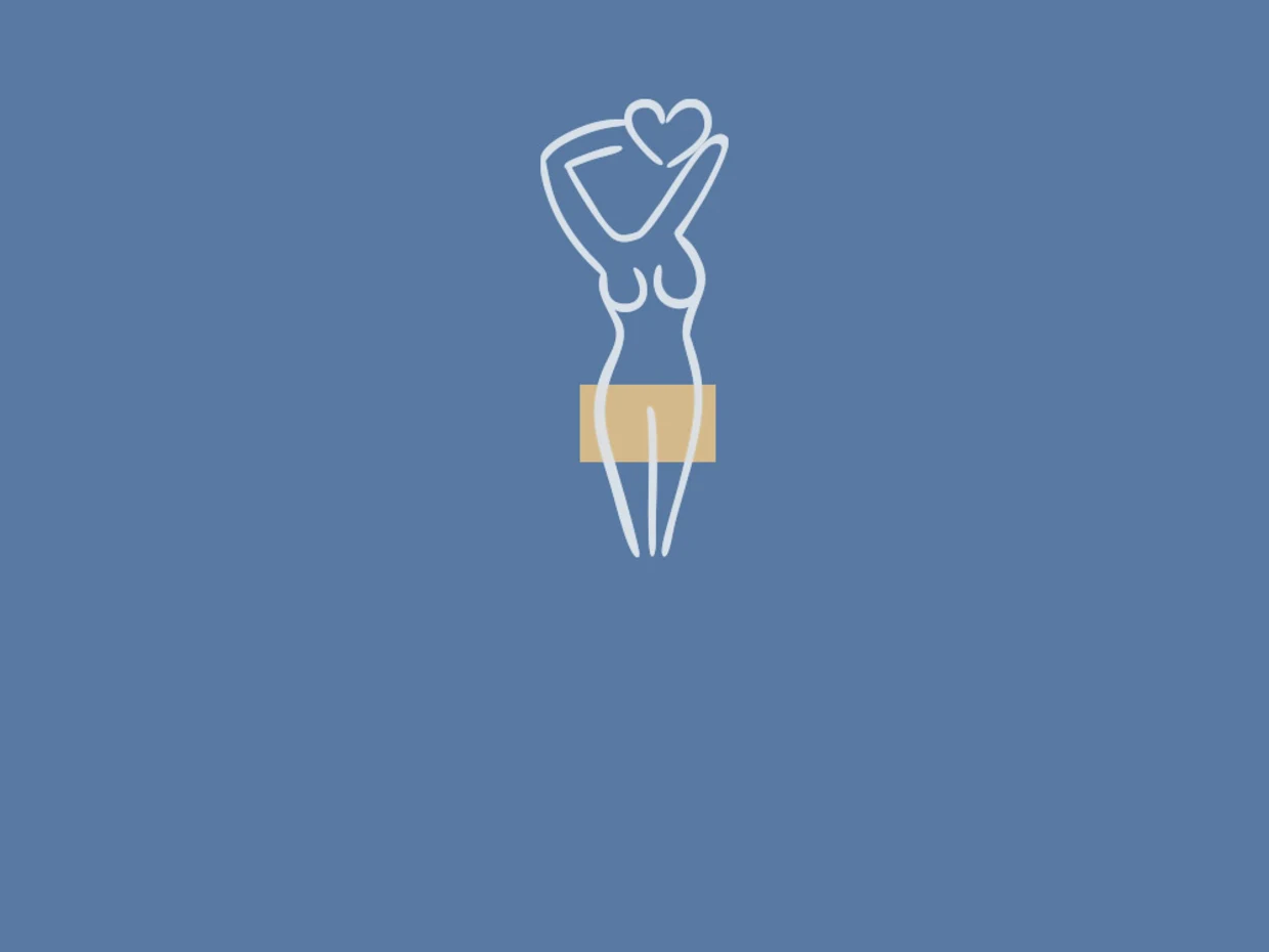 Minimalistische Illustration einer Frau mit Herzsymbol über dem Kopf, gelber Balken um die Hüfte, vor blauem Hintergrund.