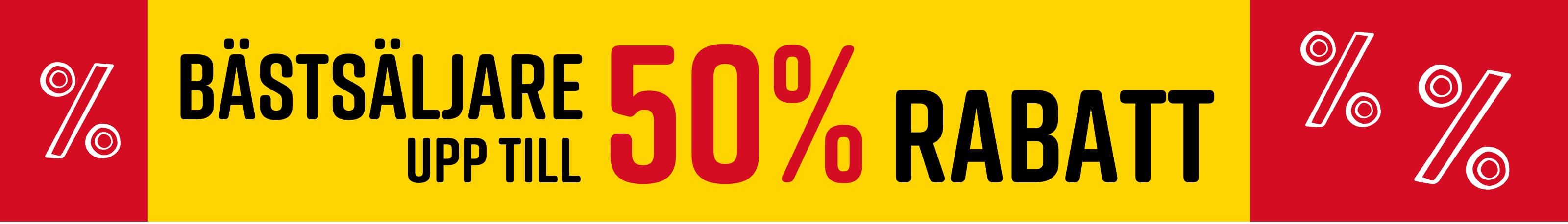 Text i bilden: Bästsäljare Upp till 50% Rabatt. Ett modell bär en vit t-shirt med geometriskt mönster mot en gul-röd bakgrund.
