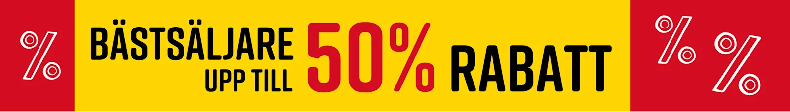 Text i bilden: Bästsäljare Upp till 50% Rabatt. Ett modell bär en vit t-shirt med geometriskt mönster mot en gul-röd bakgrund.