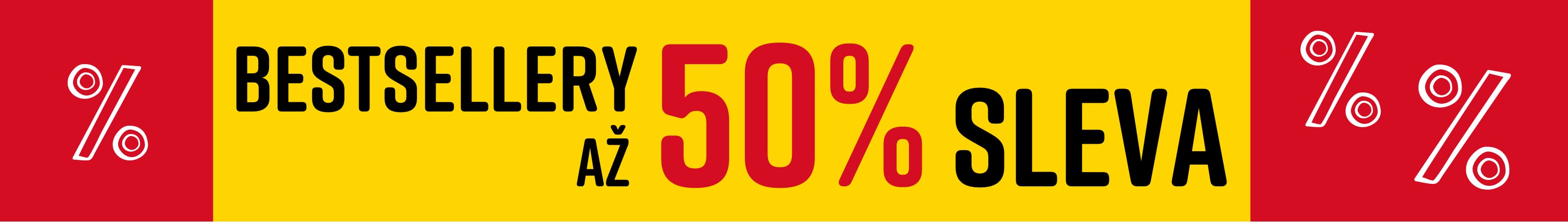 Text na obrázku: Bestsellery Až 50% sleva. Model nosí bílé tričko s geometrickým vzorem na žluto-červeném pozadí.