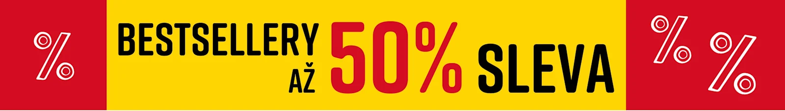 Text na obrázku: Bestsellery Až 50% sleva. Model nosí bílé tričko s geometrickým vzorem na žluto-červeném pozadí.