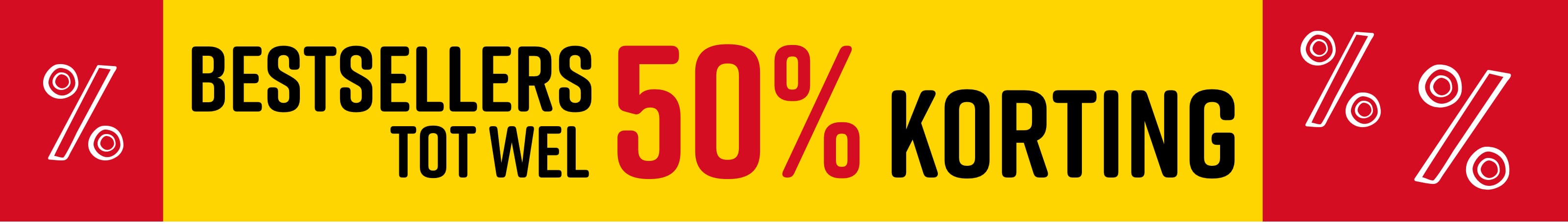 Tekst in de afbeelding: Bestsellers Tot wel 50% korting. Een model draagt een wit T-shirt met geometrisch patroon voor een geel-rode achtergrond.